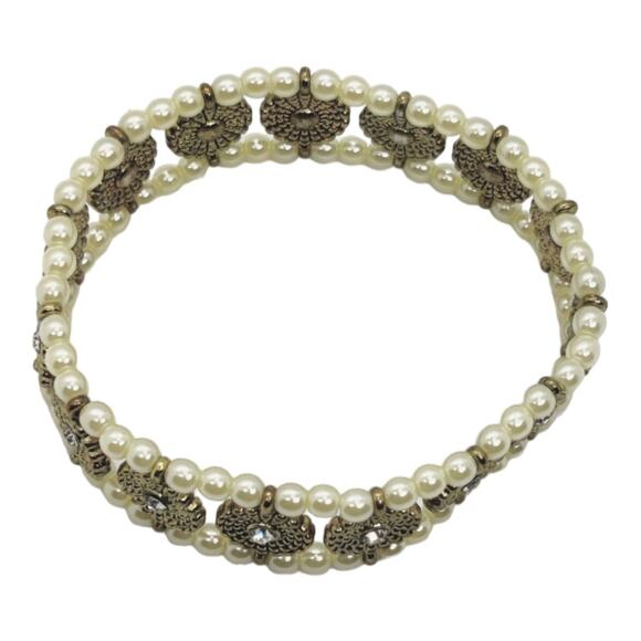 Stretchy Bohemian Pearl & Gold Tone Metal Bracelet Formal Jewelry Bridal Party - Picture 4 of 5